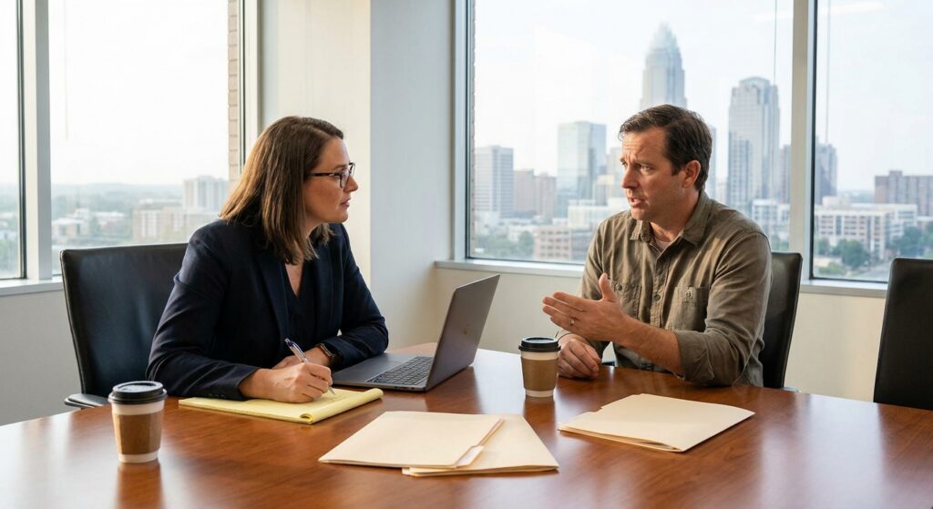 Personal injury attorney conducting direct one-on-one consultation with client in Charlotte law office