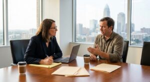 Personal injury attorney conducting direct one-on-one consultation with client in Charlotte law office