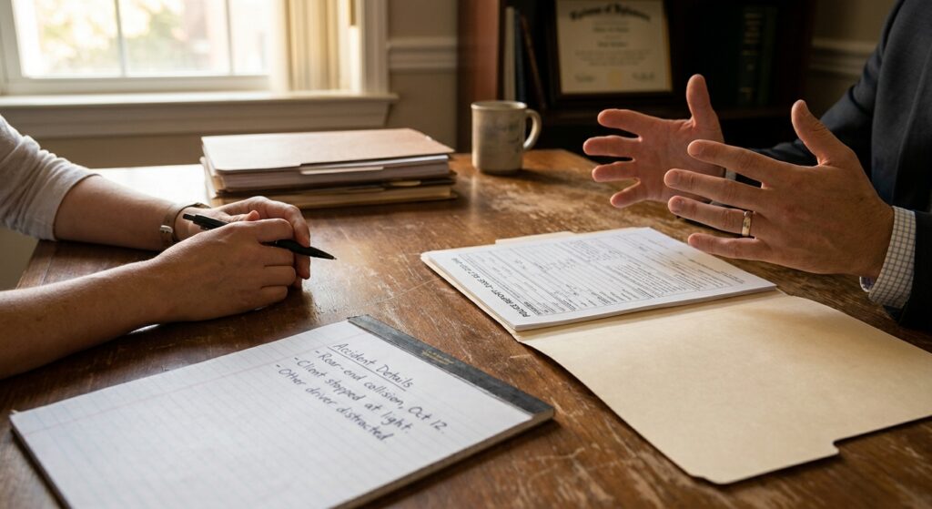 Attorney and client hands visible across desk during personal injury consultation with legal notepad and police report folder