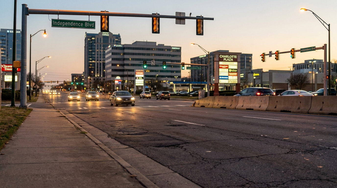 Independence Boulevard intersection in Charlotte, NC at dusk with multiple lanes and urban commercial buildings