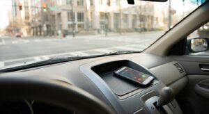 Smartphone with incoming call displayed on car console after Charlotte traffic accident