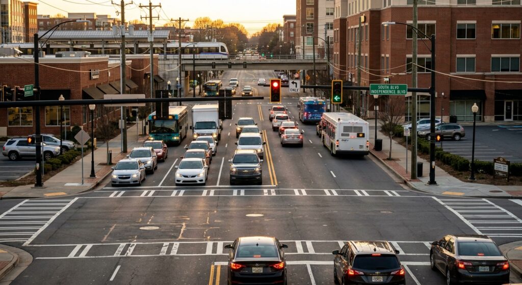 Charlotte intersection with traffic signals and crosswalk markings where T-bone accidents commonly occur
