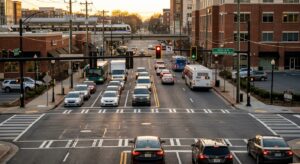 Charlotte intersection with traffic signals and crosswalk markings where T-bone accidents commonly occur