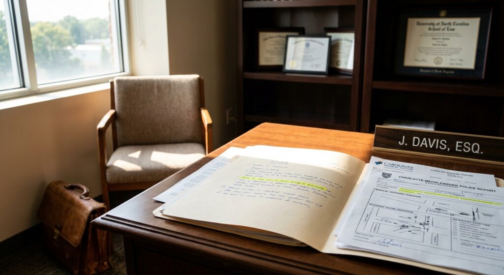 Open personal injury case file on attorney's desk in Charlotte law office with client consultation chair, symbolizing direct attorney access and mid-case review