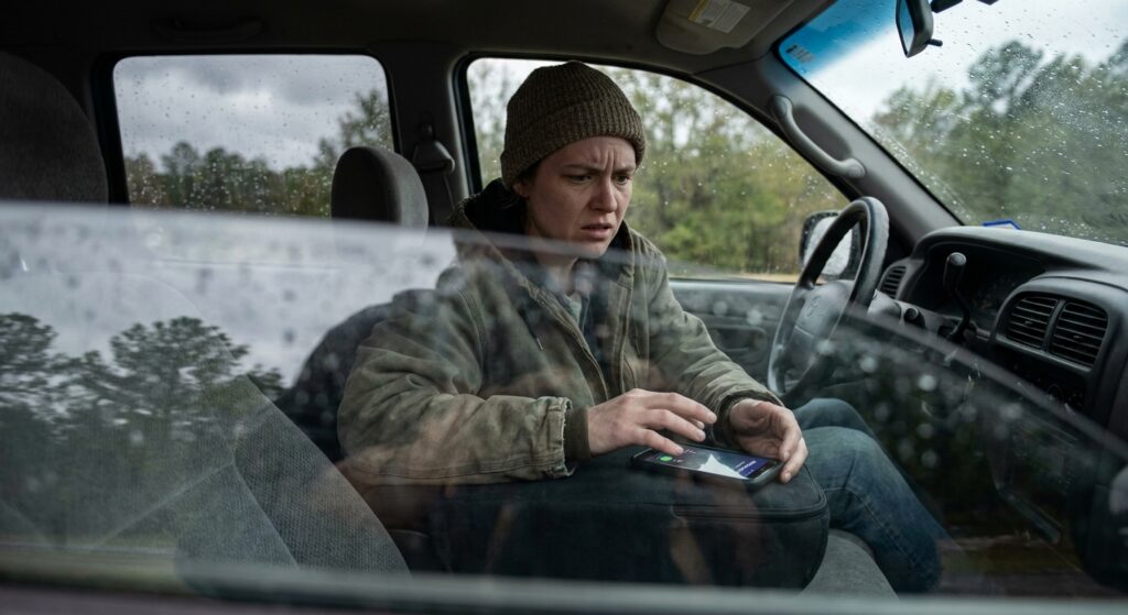 Person in car looking worried while receiving phone call after accident, deciding whether to answer insurance adjuster