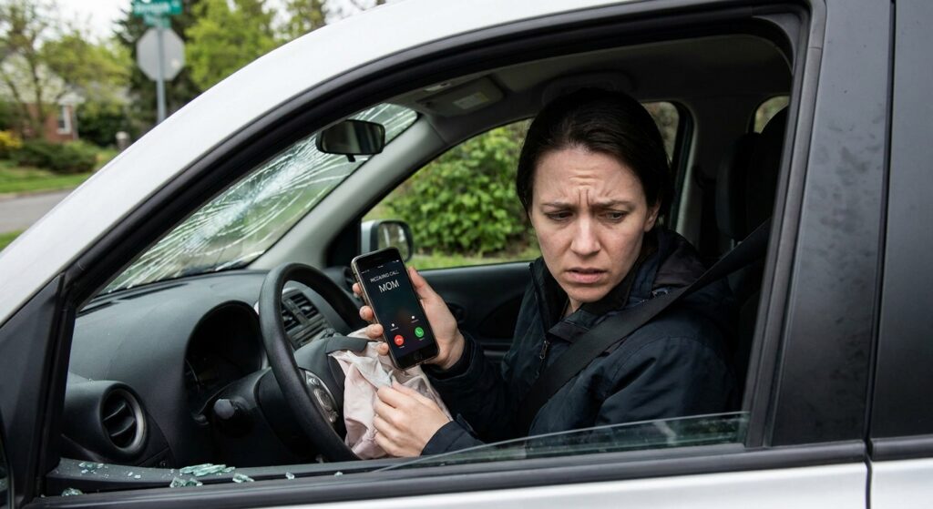 Person in damaged car after accident holding ringing phone, showing the moment when insurance adjusters typically call crash victims