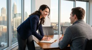 Personal injury attorney consulting directly with client across conference table in Charlotte law office