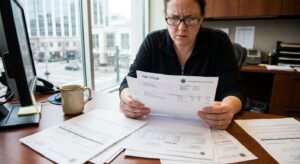 Person reviewing pay stubs and medical documents at desk after car accident to file lost wages claim