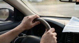 Person's hands on car steering wheel with visible minor injury after accident