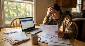 Person reviewing medical bills and insurance paperwork at home while dealing with delayed claim