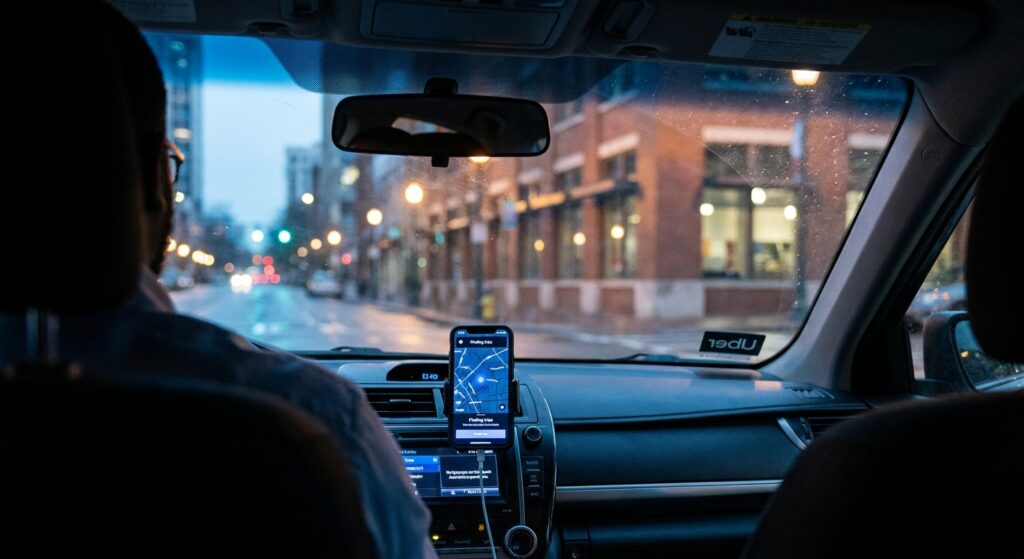 View from passenger seat showing Uber driver's phone with active app mounted on dashboard in Charlotte rideshare vehicle