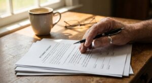 Person's hand with pen paused over unsigned settlement documents on desk, contemplating before signing