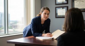 Attorney consulting with client across desk in Charlotte law office with natural lighting