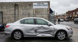 Damaged sedan with side-impact collision damage parked at Charlotte auto body shop