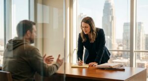 Personal injury attorney consulting with client in Charlotte law office