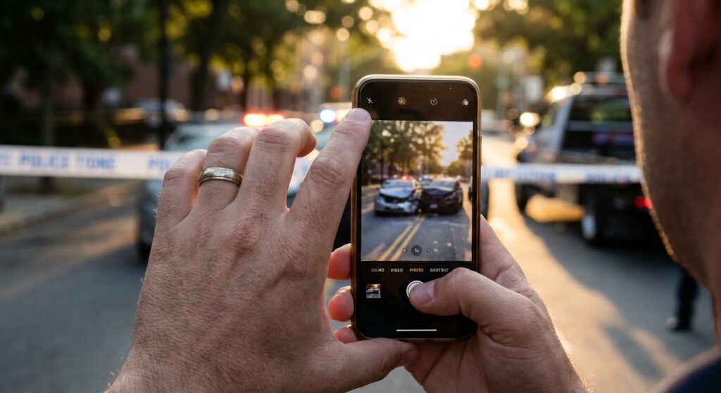 Person photographing car accident damage with smartphone at crash scene in Charlotte