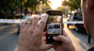 Person photographing car accident damage with smartphone at crash scene in Charlotte