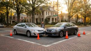 Two cars with minor collision damage at a Charlotte intersection, driver assessing damage, depicting a typical fender-bender accident scene