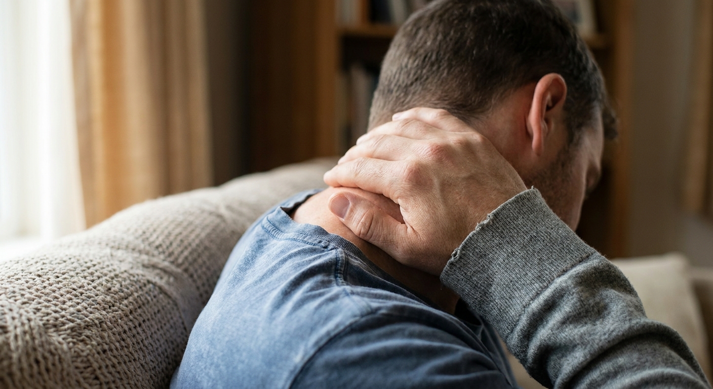 Person touching neck in discomfort while sitting on couch at home, illustrating delayed car accident injury symptoms