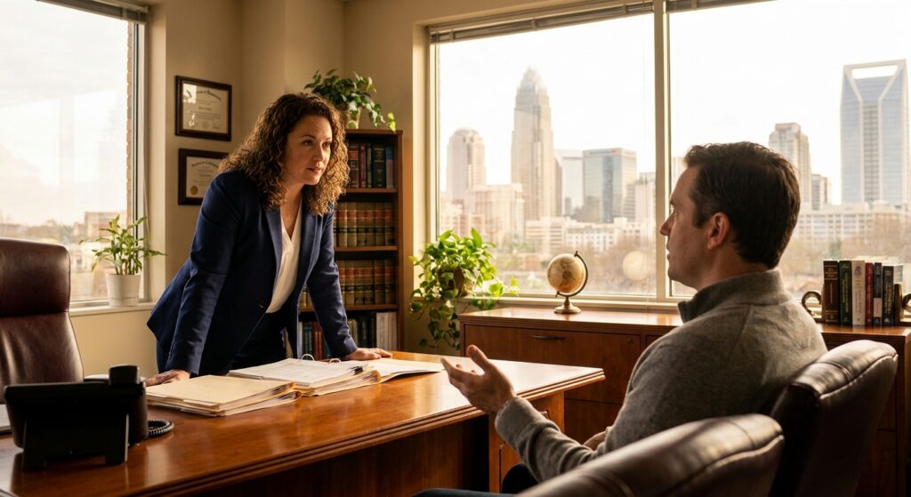Charlotte car accident attorney meeting directly with client in office consultation, reviewing case documents together
