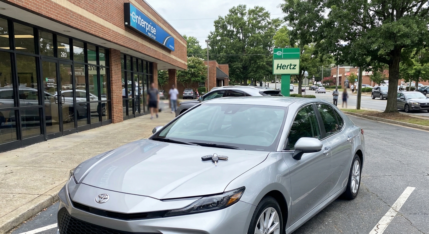 Silver rental car parked outside a Charlotte car rental office with keys on hood, representing temporary transportation after an accident