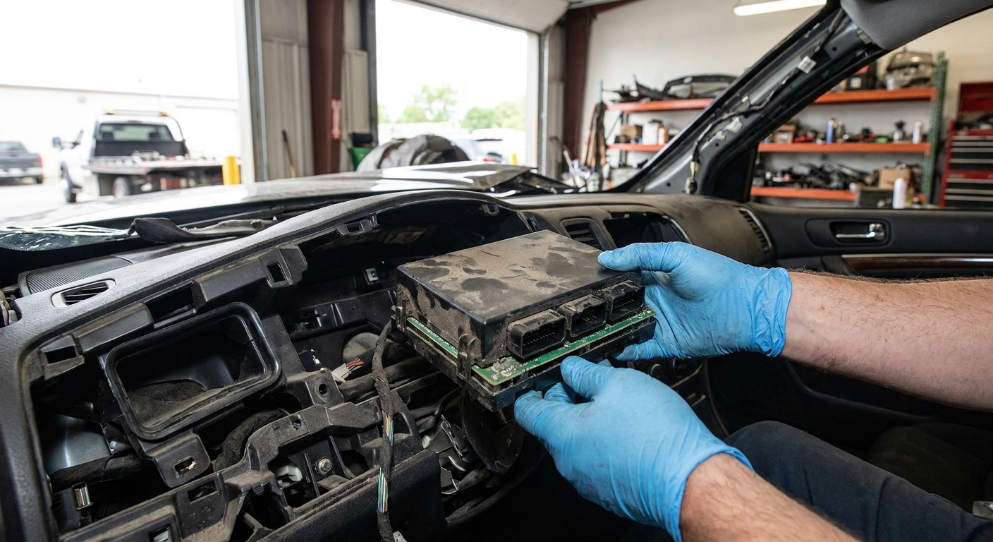 Technician extracting event data recorder module from crashed vehicle to preserve black box data before it overwrites