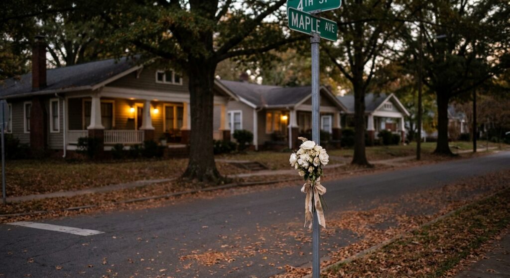 Memorial flowers tied to street sign on quiet Charlotte residential street at dusk