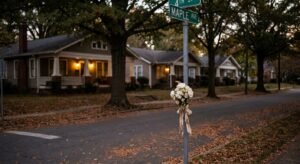 Memorial flowers tied to street sign on quiet Charlotte residential street at dusk