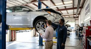 Insurance adjuster inspecting damaged vehicle on lift in Charlotte auto body shop during property damage claim assessment