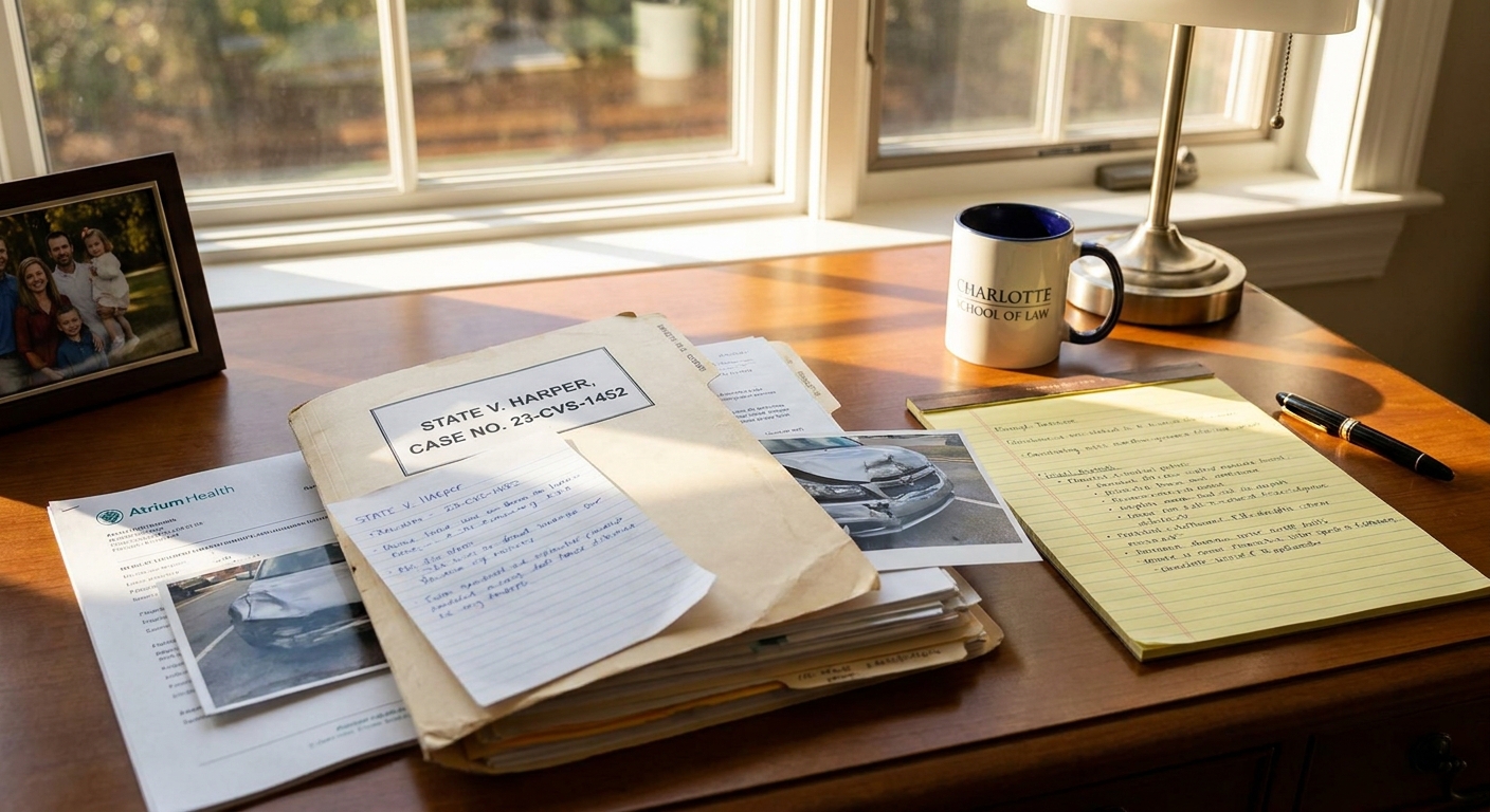 Attorney's desk with open case file, vehicle damage photos, and detailed notes during car accident claim preparation