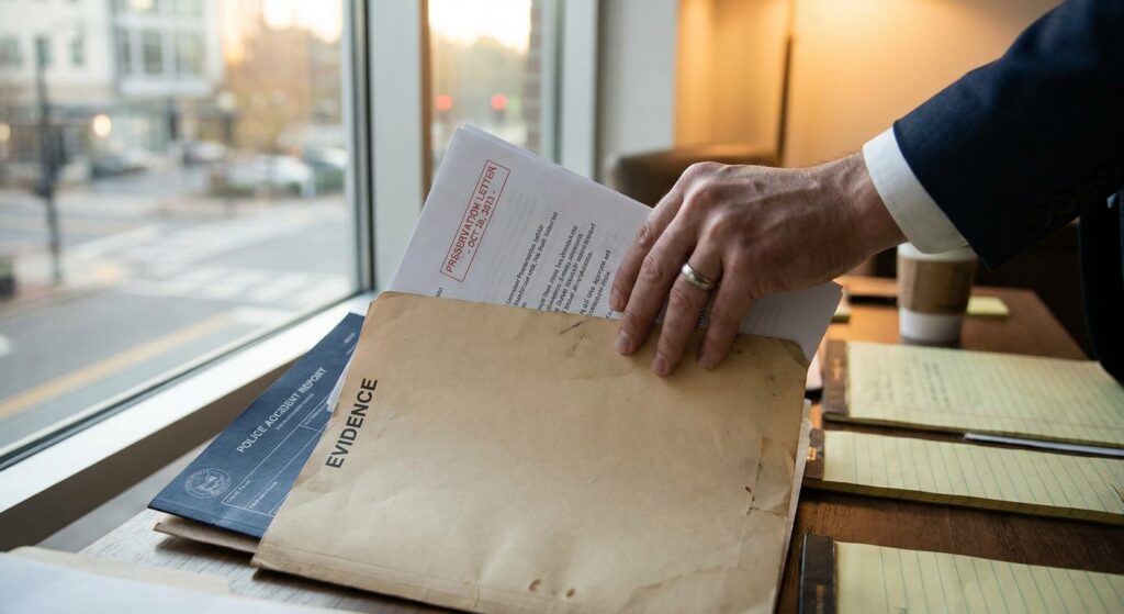 Attorney organizing accident preservation documents and police report on desk, representing early case preparation